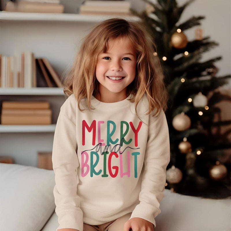 MODNTOGA Store Kids Boy Girl Merry and Bright Crewneck Sweatshirt Merry Christmas Sweatshirt Retro Xmas Long Sleeve Pullover Tops - Image 2